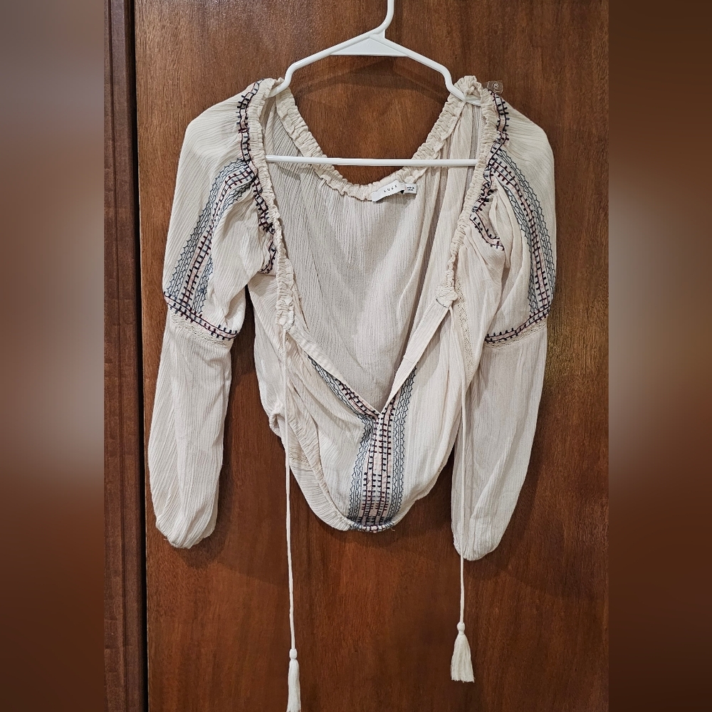Boho Embroidered Tie-Front Women’s Top - Cream